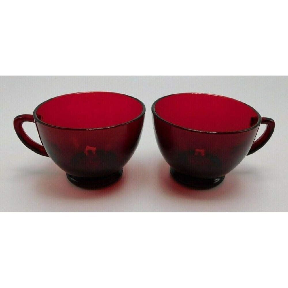 2x Anchor Hocking Royal Ruby Red Footed Punch Tea Cups Vintage Depression